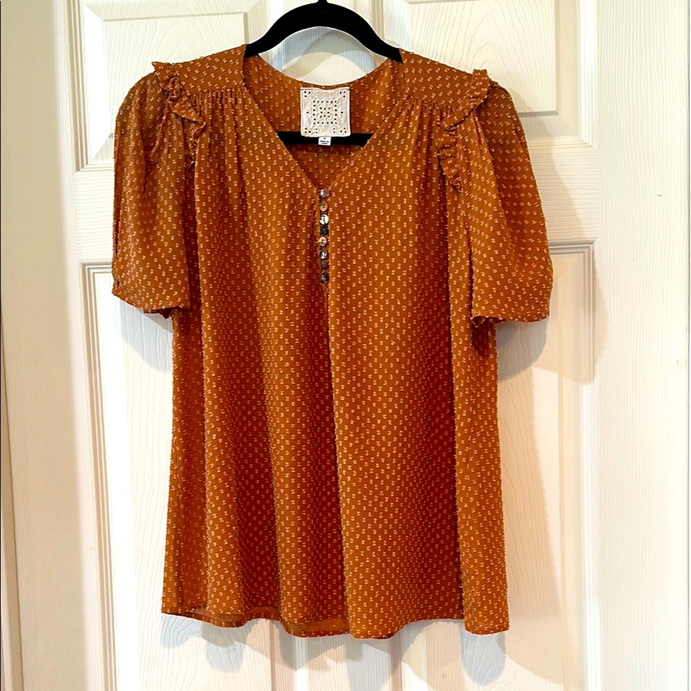 Johnny Was Orange Puff Sleeve Ruffled Blouse size small